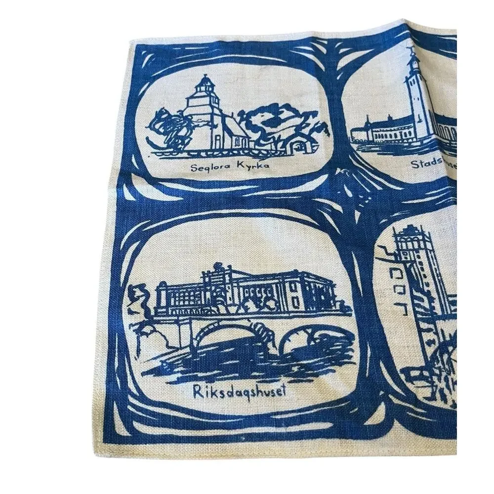 Vtg Swedish Table Linen Placemat Table Topper Buildings Landmarks Blue 13x17”